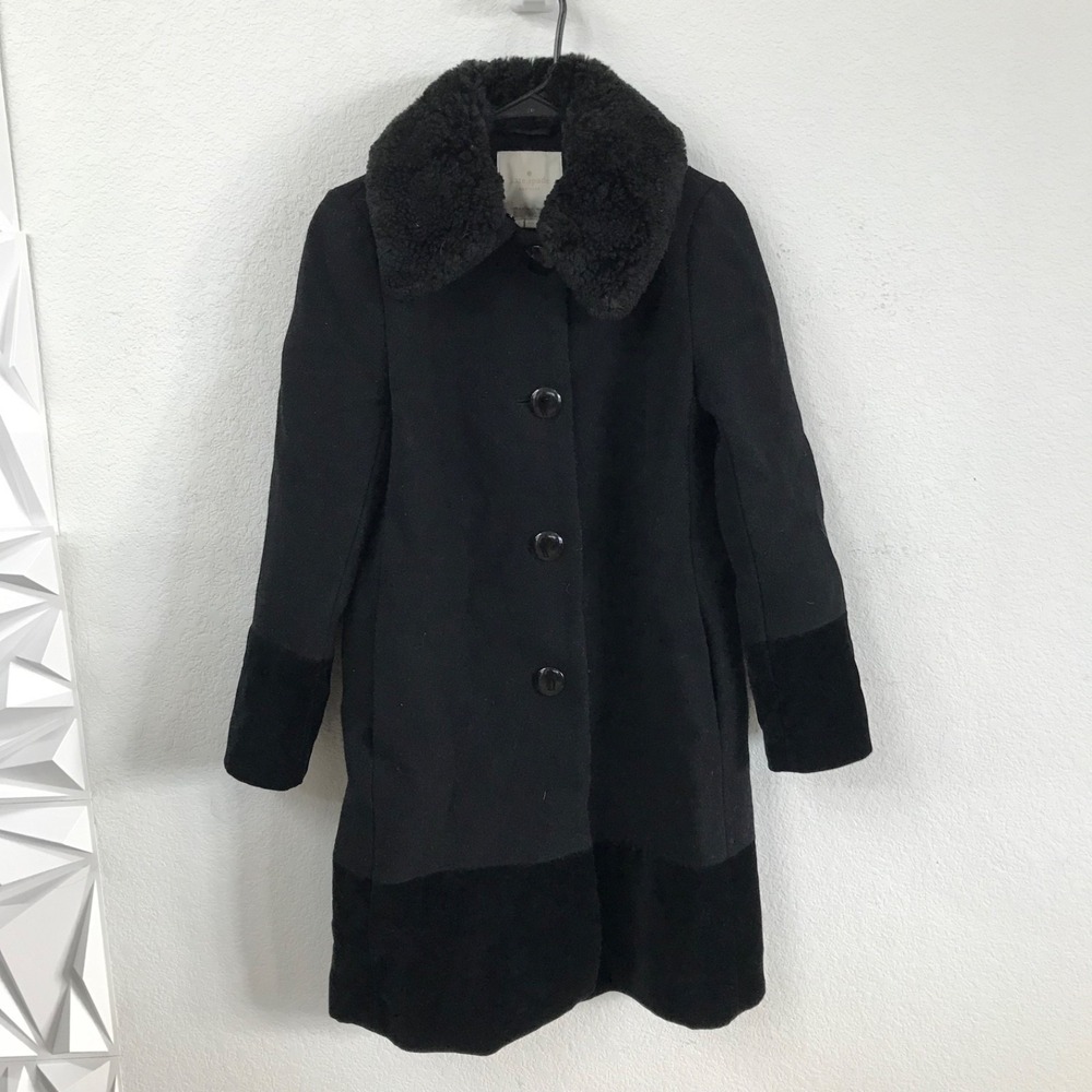 Kate Spade Womens Wool Blend Coat Sz 2 Black Velvet Trim Removable Collar